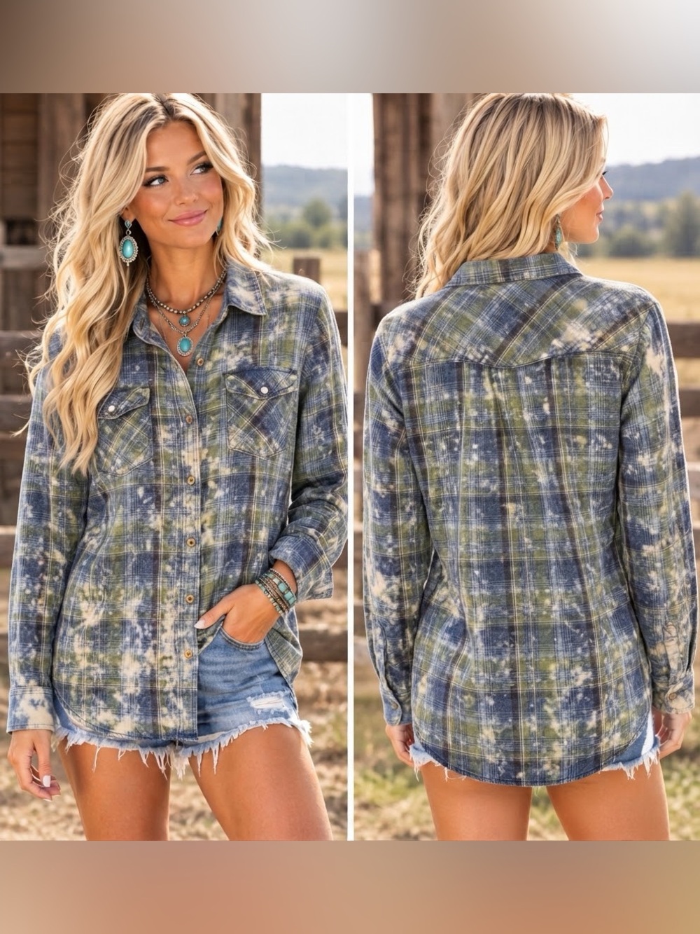 Lovestitch Blue Green Bleach Dye Plaid Button Down Flannel Shirt Large western